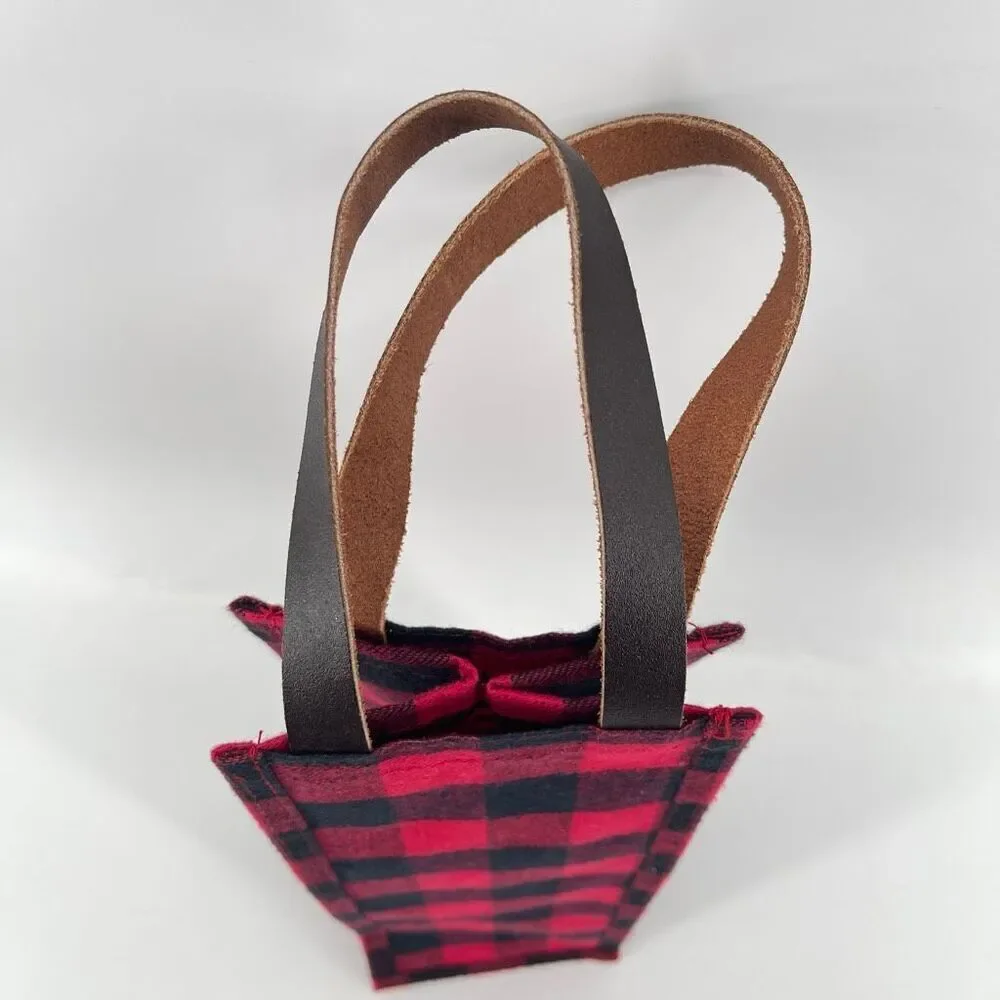 Farmhouse Buffalo Check Flannel Wine Bottle Gift Tote Faux Leather Handle